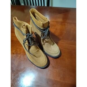 Indigo by Clarks Tan‎ Suede Lace Up Moc Toe Ankle Boots 7.5M Stacked Block Heel